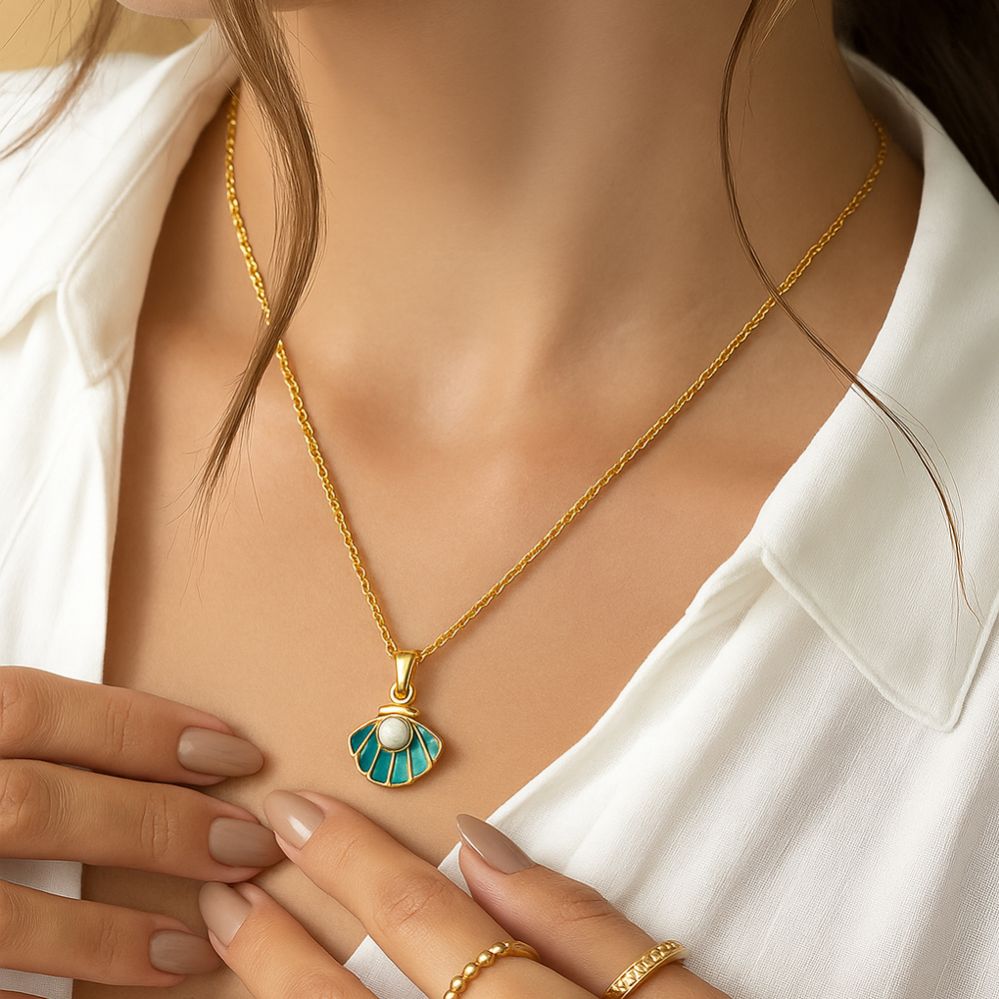 Ocean Whispers - Aqua Seashell Pearl Pendant Necklace