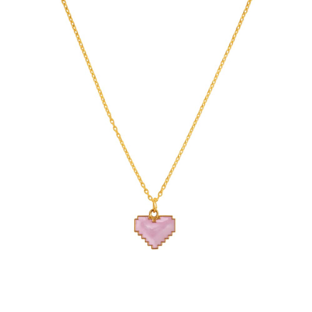 Pixel Love Necklace - Pink Heart Pendant in Gold