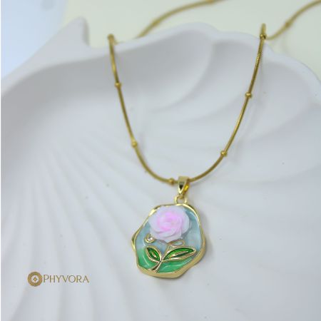 Enamel Rose Blossom 18k Pendant Necklace