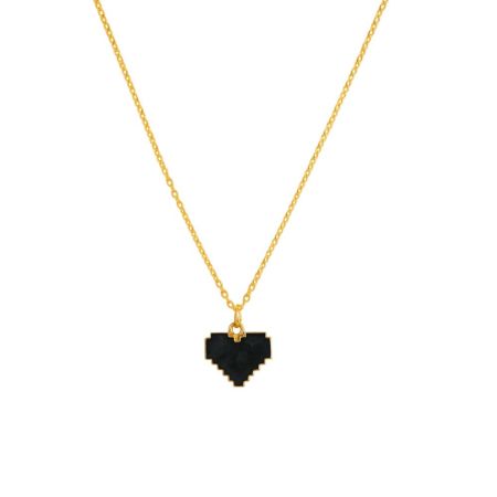 Pixel Love Necklace - Black Heart Pendant in Gold